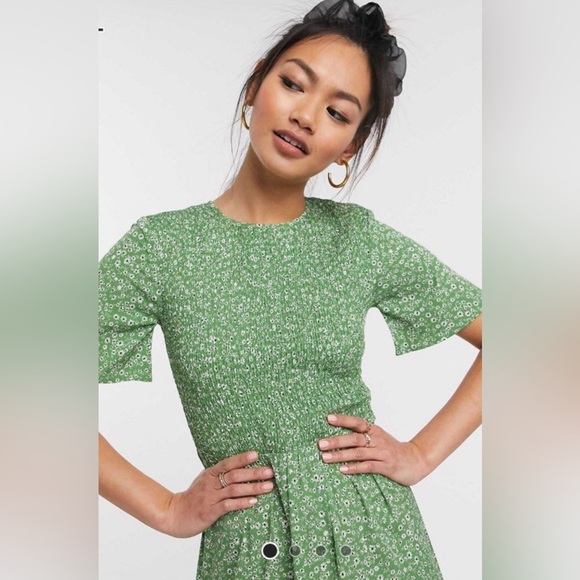 ASOS Wednesday’s Girl midi dress with shirred/smocked top in green floral print. - Picture 3 of 5